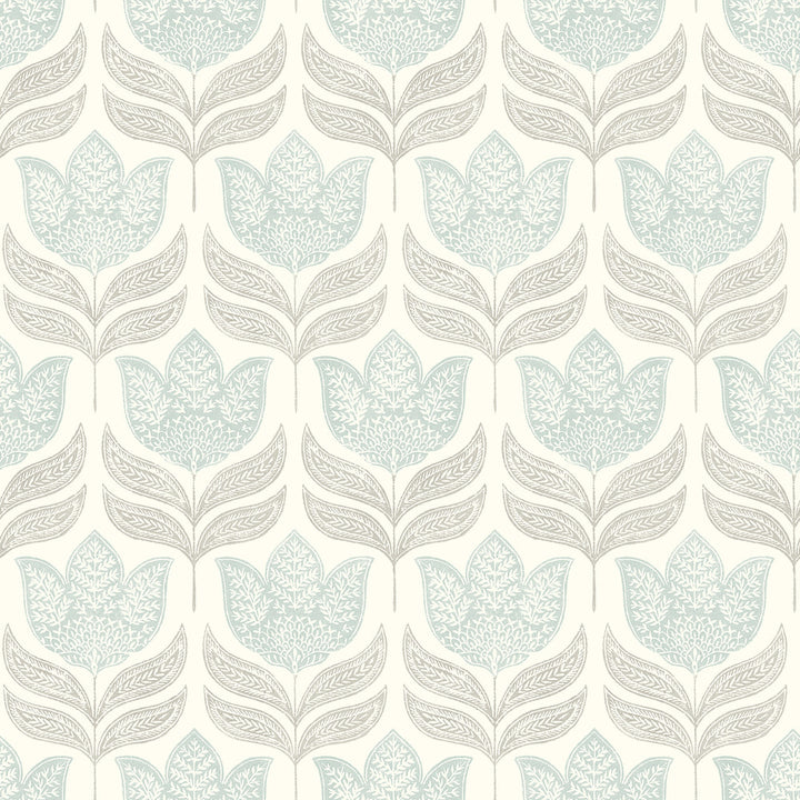 Cathal Aqua Tulip Block Print Wallpaper by Chesapeake Kinfolk Covers about 56.4 square feet 20.5-in by 33-ft long roll Prepasted 10.25 - Fabric Carolina -