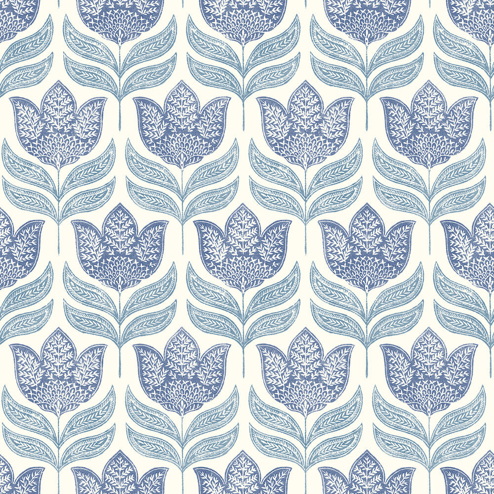 Cathal Blue Tulip Block Print Wallpaper by Chesapeake Kinfolk Covers about 56.4 square feet 20.5-in by 33-ft long roll Prepasted 10.25 - Fabric Carolina -
