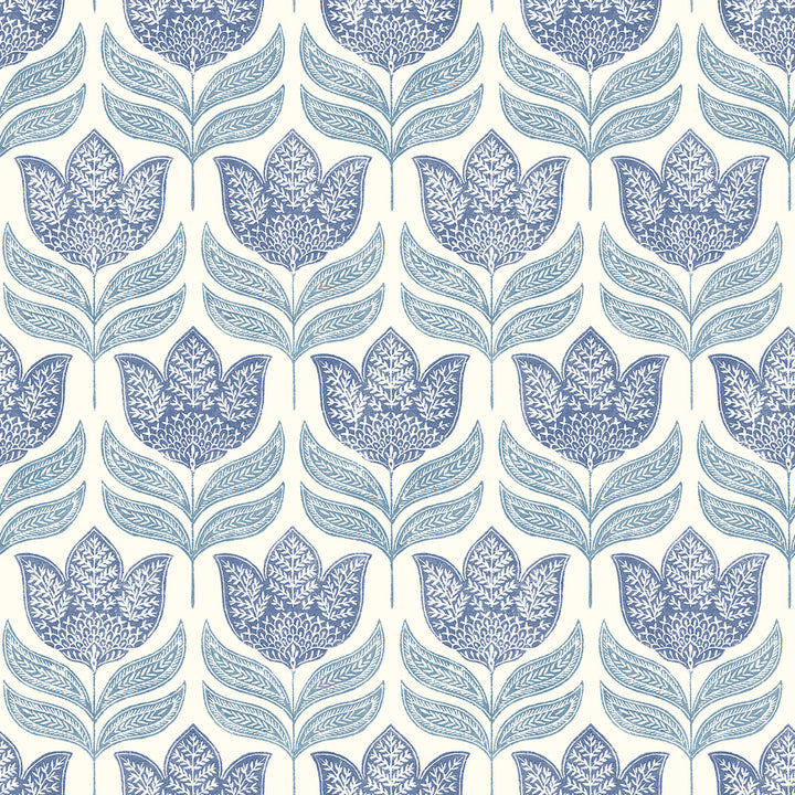 Cathal Blue Tulip Block Print Wallpaper by Chesapeake Kinfolk Covers about 56.4 square feet 20.5-in by 33-ft long roll Prepasted 10.25 - Fabric Carolina -