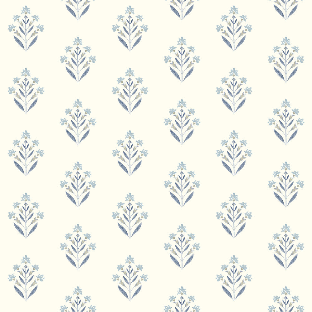 Kova Blue Floral Crest Wallpaper by Chesapeake Kinfolk Covers about 56.4 square feet 20.5-in by 33-ft long roll Prepasted 4.1 - Fabric Carolina -