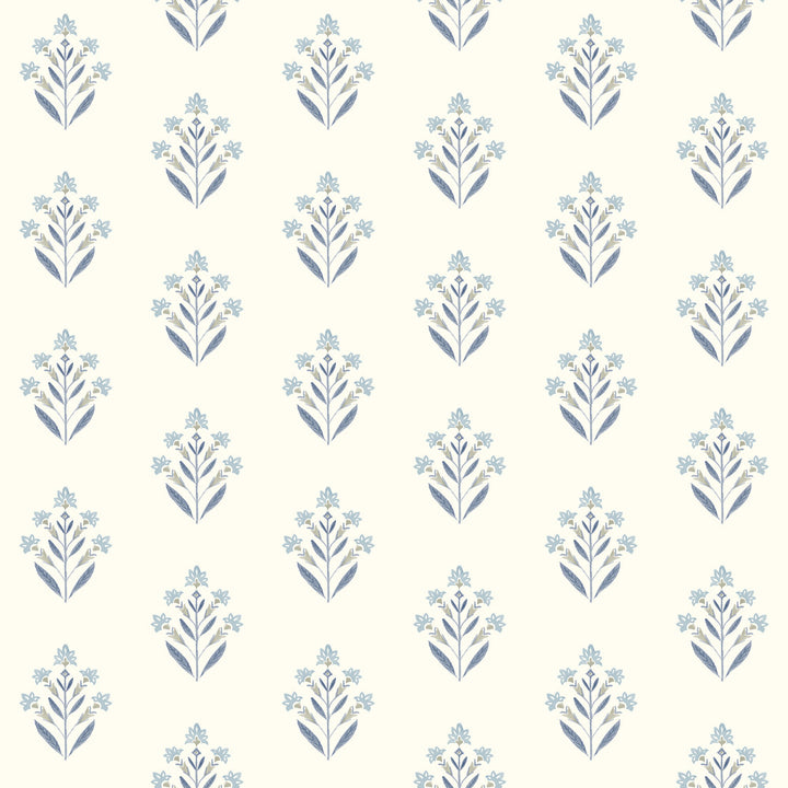 Kova Blue Floral Crest Wallpaper by Chesapeake Kinfolk Covers about 56.4 square feet 20.5-in by 33-ft long roll Prepasted 4.1 - Fabric Carolina -