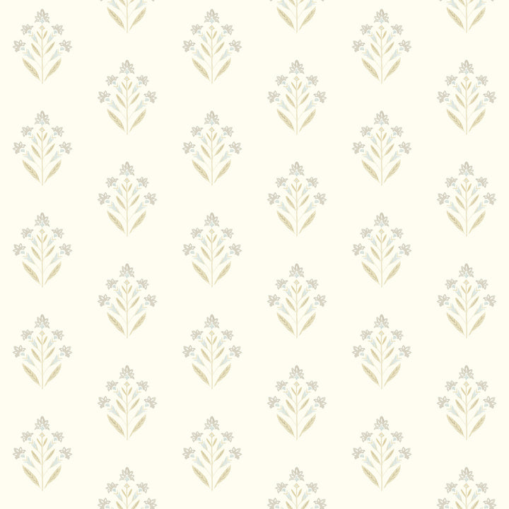 Kova Yellow Floral Crest Wallpaper by Chesapeake Kinfolk Covers about 56.4 square feet 20.5-in by 33-ft long roll Prepasted 4.1 - Fabric Carolina -