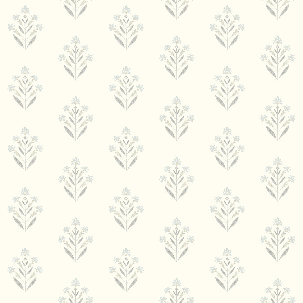 Kova Light Blue Floral Crest Wallpaper by Chesapeake Kinfolk Covers about 56.4 square feet 20.5-in by 33-ft long roll Prepasted 4.1 - Fabric Carolina -