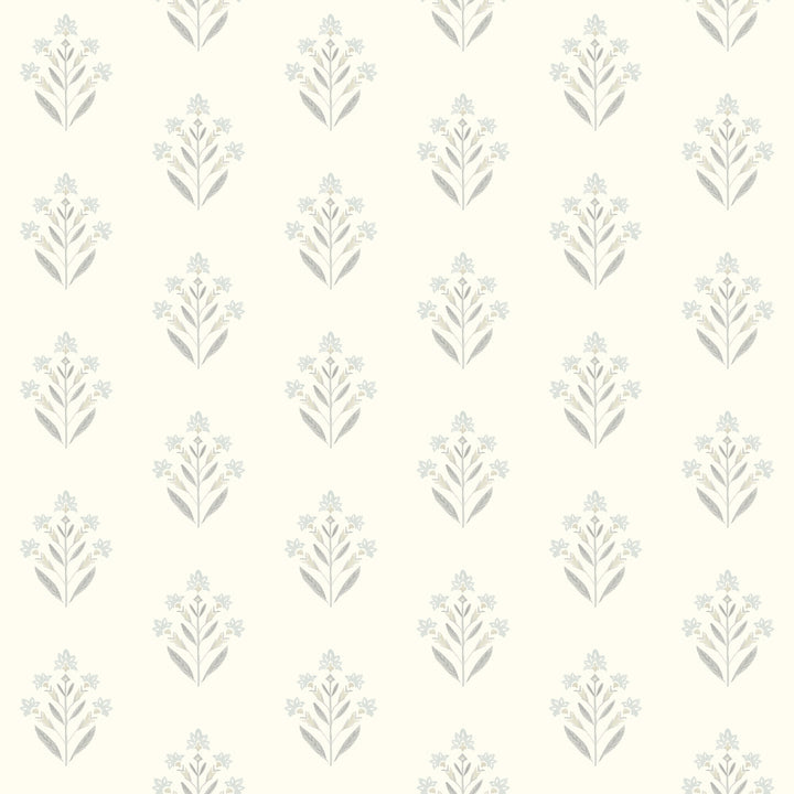 Kova Light Blue Floral Crest Wallpaper by Chesapeake Kinfolk Covers about 56.4 square feet 20.5-in by 33-ft long roll Prepasted 4.1 - Fabric Carolina -