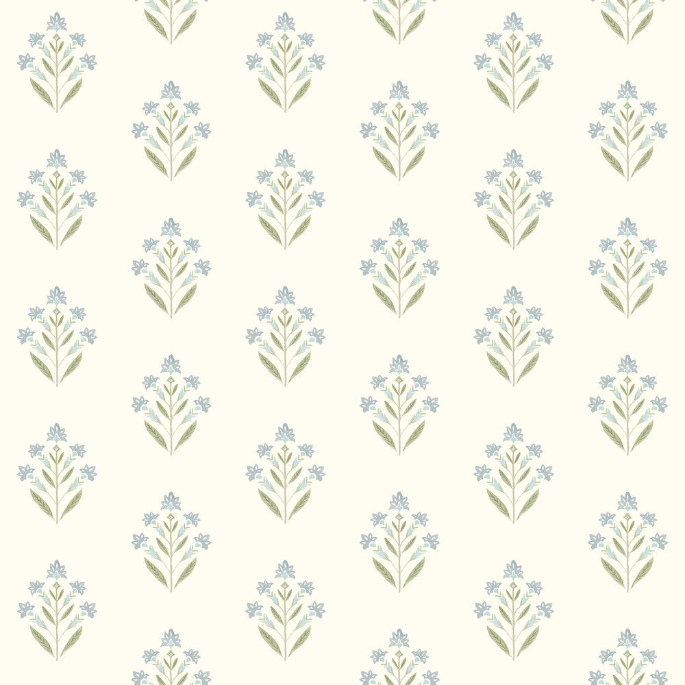 Kova Aquamarine Floral Crest Wallpaper by Chesapeake Kinfolk Covers about 56.4 square feet 20.5-in by 33-ft long roll Prepasted 4.1 - Fabric Carolina -