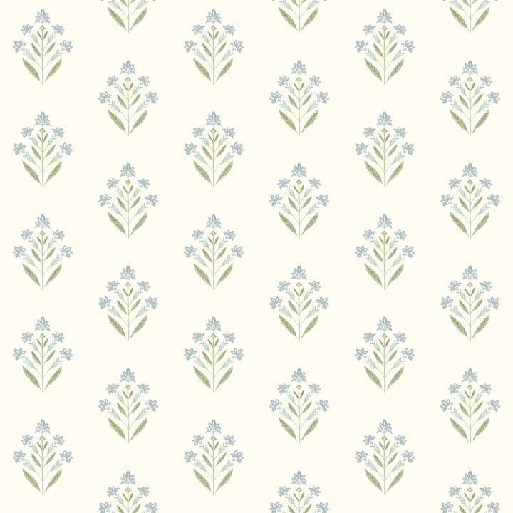 Kova Aquamarine Floral Crest Wallpaper by Chesapeake Kinfolk Covers about 56.4 square feet 20.5-in by 33-ft long roll Prepasted 4.1 - Fabric Carolina -
