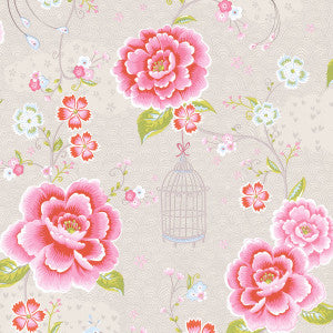 Taupe Floral Birds Trail Wallpaper by Eijffinger