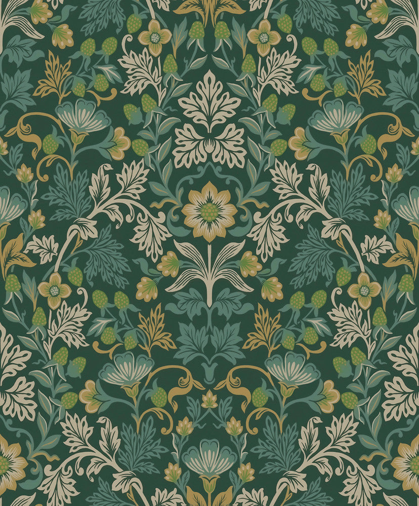 Lila Teal Strawberry Floral Wallpaper by Eijffinger Posy Covers about 59.1 square feet 21.5-in by 33-ft long roll Unpasted 25.2 - Fabric Carolina -