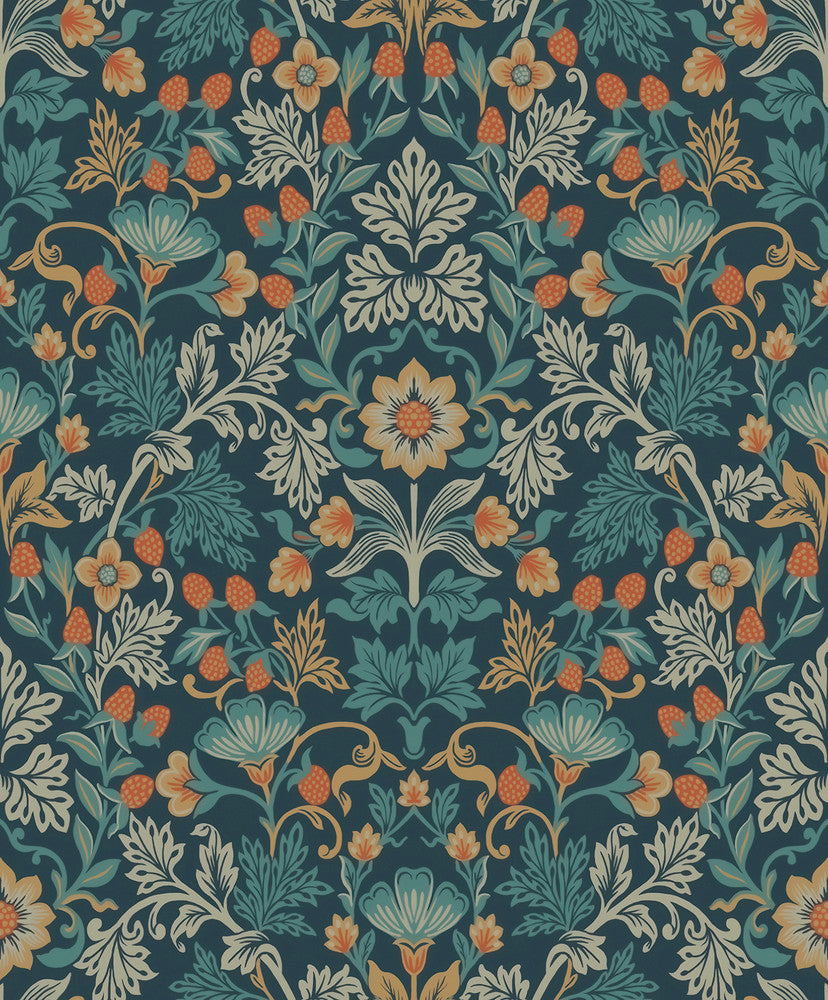 Lila Blue Strawberry Floral Wallpaper by Eijffinger Posy Covers about 59.1 square feet 21.5-in by 33-ft long roll Unpasted 25.2 - Fabric Carolina -