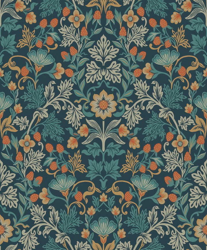 Lila Blue Strawberry Floral Wallpaper by Eijffinger Posy Covers about 59.1 square feet 21.5-in by 33-ft long roll Unpasted 25.2 - Fabric Carolina -
