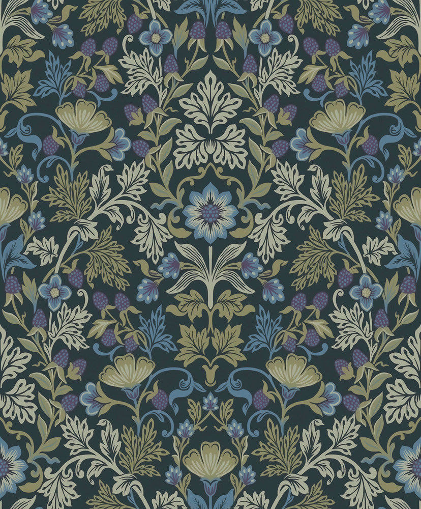 Lila Periwinkle Strawberry Floral Wallpaper by Eijffinger Posy Covers about 59.1 square feet 21.5-in by 33-ft long roll Unpasted 25.2 - Fabric Carolina -