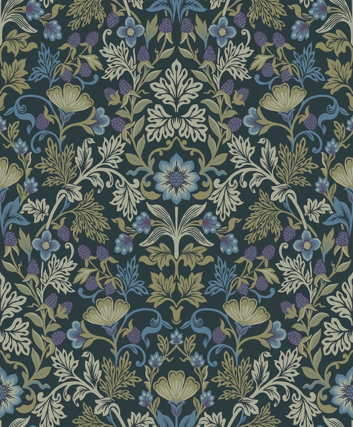 Lila Periwinkle Strawberry Floral Wallpaper by Eijffinger Posy Covers about 59.1 square feet 21.5-in by 33-ft long roll Unpasted 25.2 - Fabric Carolina -