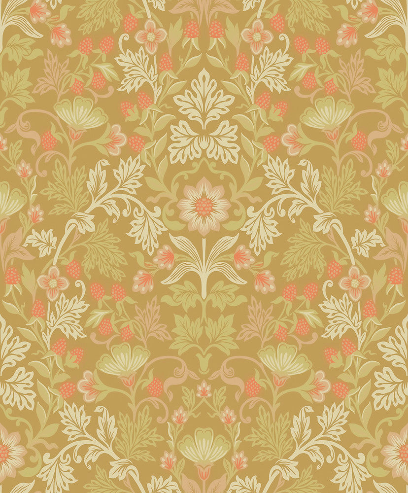 Lila Gold Strawberry Floral Wallpaper by Eijffinger Posy Covers about 59.1 square feet 21.5-in by 33-ft long roll Unpasted 25.2 - Fabric Carolina -
