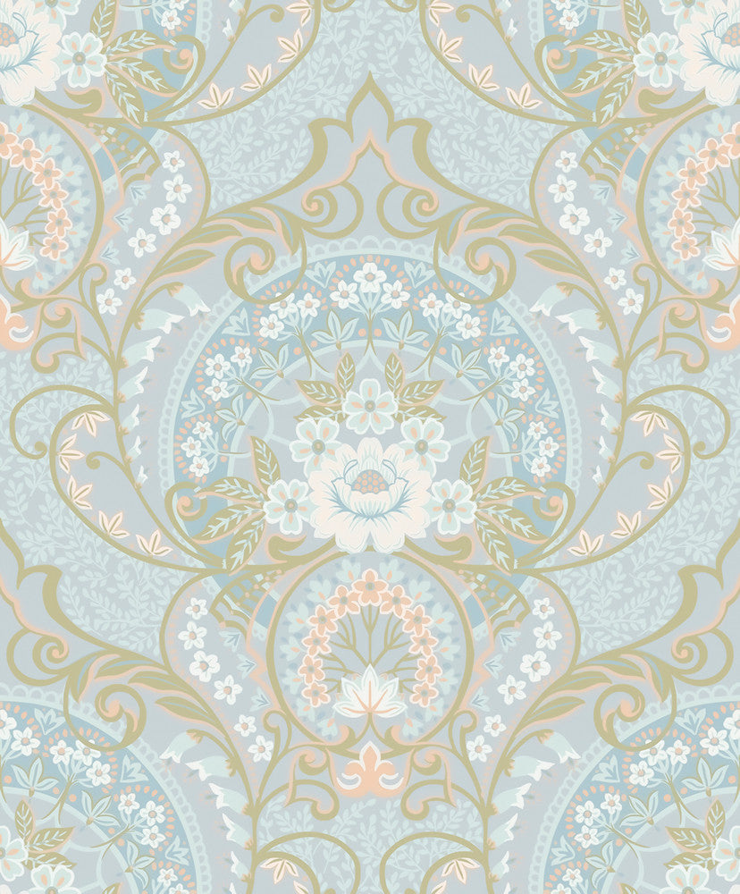 Nasrin Light Blue Damask Wallpaper by Eijffinger Posy Covers about 59.1 square feet 21.5-in by 33-ft long roll Unpasted 25.2 - Fabric Carolina -