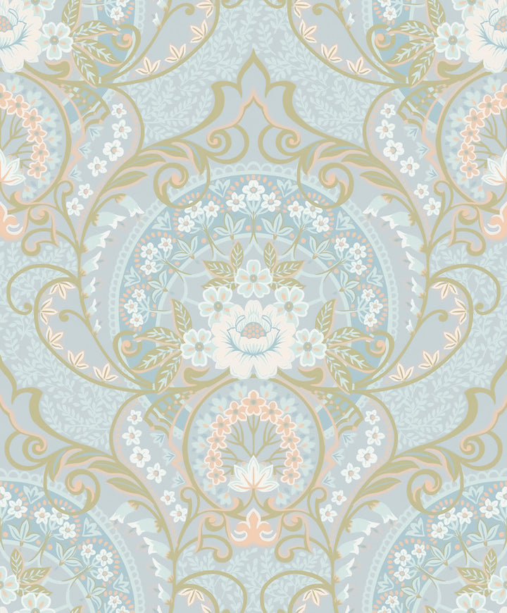 Nasrin Light Blue Damask Wallpaper by Eijffinger Posy Covers about 59.1 square feet 21.5-in by 33-ft long roll Unpasted 25.2 - Fabric Carolina -