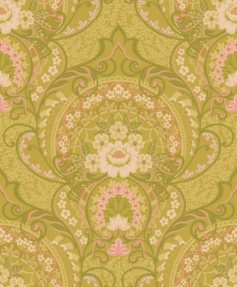 Nasrin Chartreuse Damask Wallpaper by Eijffinger Posy Covers about 59.1 square feet 21.5-in by 33-ft long roll Unpasted 25.2 - Fabric Carolina -