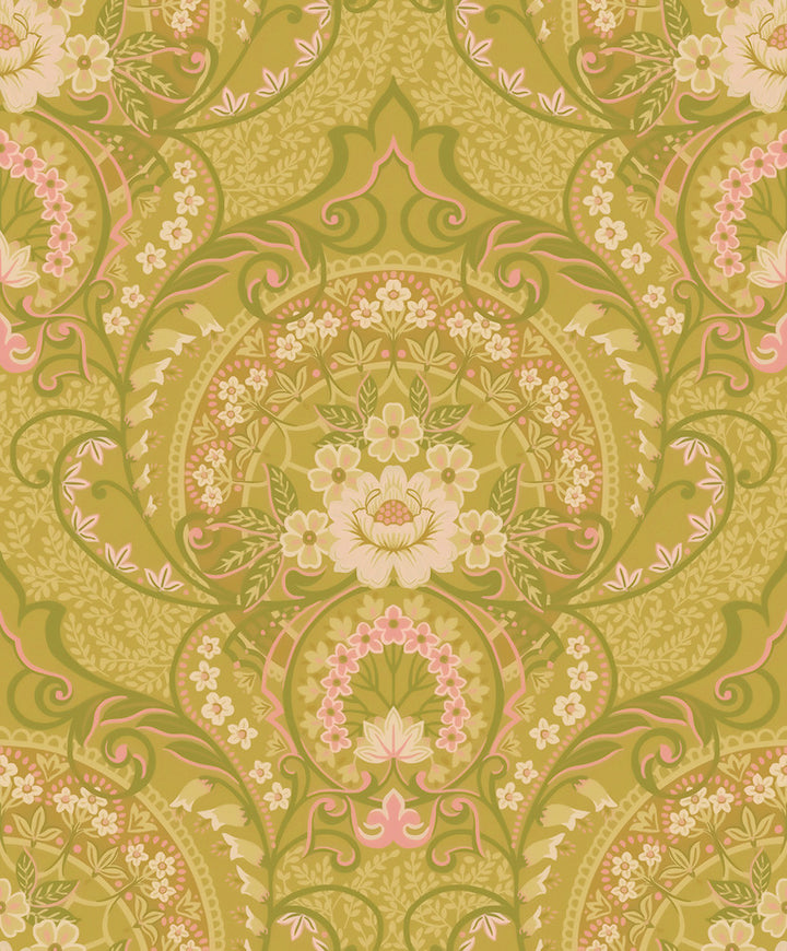 Nasrin Chartreuse Damask Wallpaper by Eijffinger Posy Covers about 59.1 square feet 21.5-in by 33-ft long roll Unpasted 25.2 - Fabric Carolina -