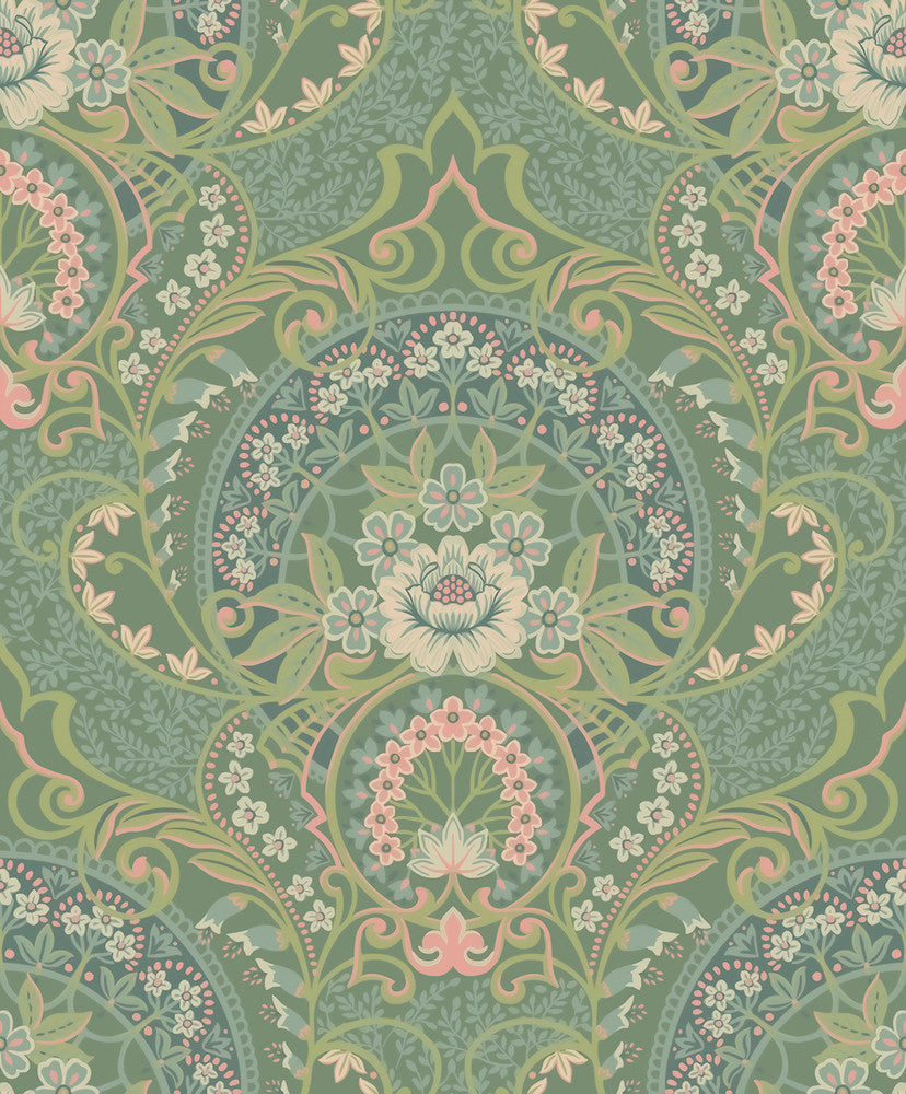Nasrin Sea Green Damask Wallpaper by Eijffinger Posy Covers about 59.1 square feet 21.5-in by 33-ft long roll Unpasted 25.2 - Fabric Carolina -