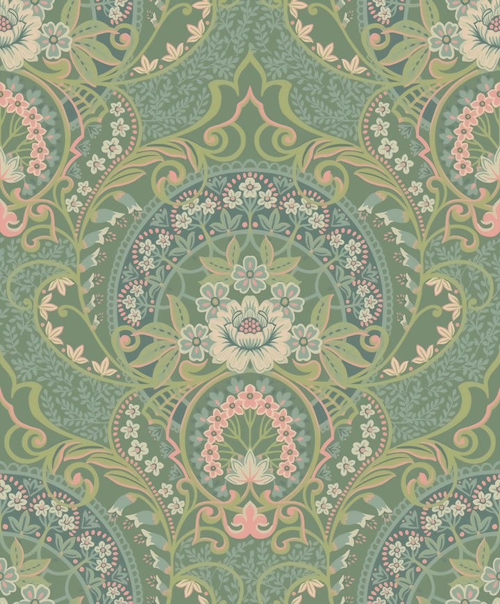 Nasrin Sea Green Damask Wallpaper by Eijffinger Posy Covers about 59.1 square feet 21.5-in by 33-ft long roll Unpasted 25.2 - Fabric Carolina -
