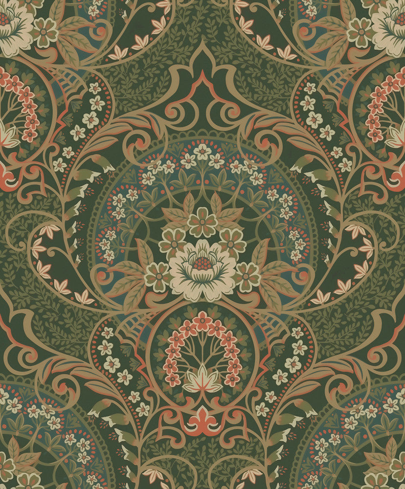 Nasrin Dark Green Damask Wallpaper by Eijffinger Posy Covers about 59.1 square feet 21.5-in by 33-ft long roll Unpasted 25.2 - Fabric Carolina -