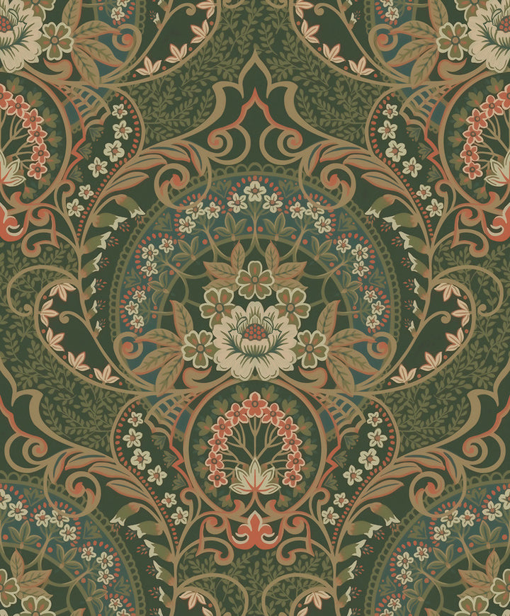 Nasrin Dark Green Damask Wallpaper by Eijffinger Posy Covers about 59.1 square feet 21.5-in by 33-ft long roll Unpasted 25.2 - Fabric Carolina -