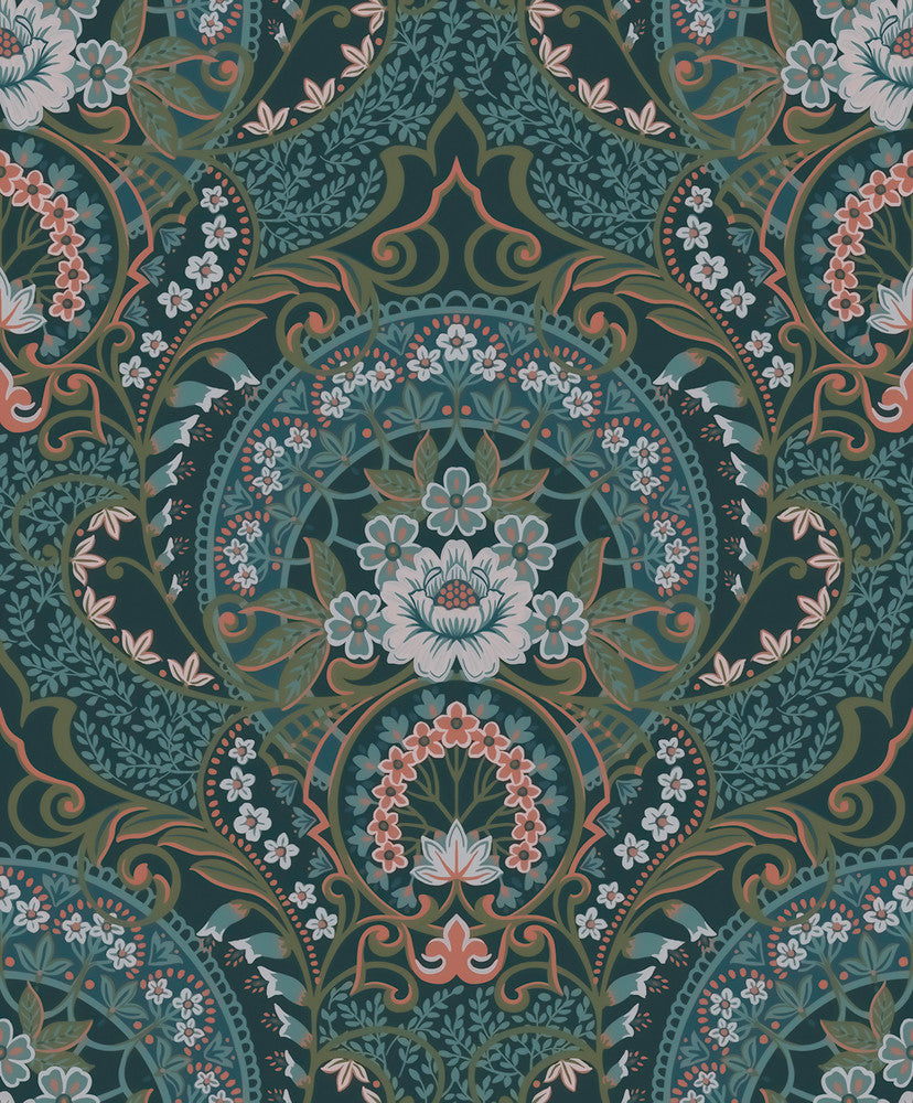 Nasrin Blueberry Damask Wallpaper by Eijffinger Posy Covers about 59.1 square feet 21.5-in by 33-ft long roll Unpasted 25.2 - Fabric Carolina -