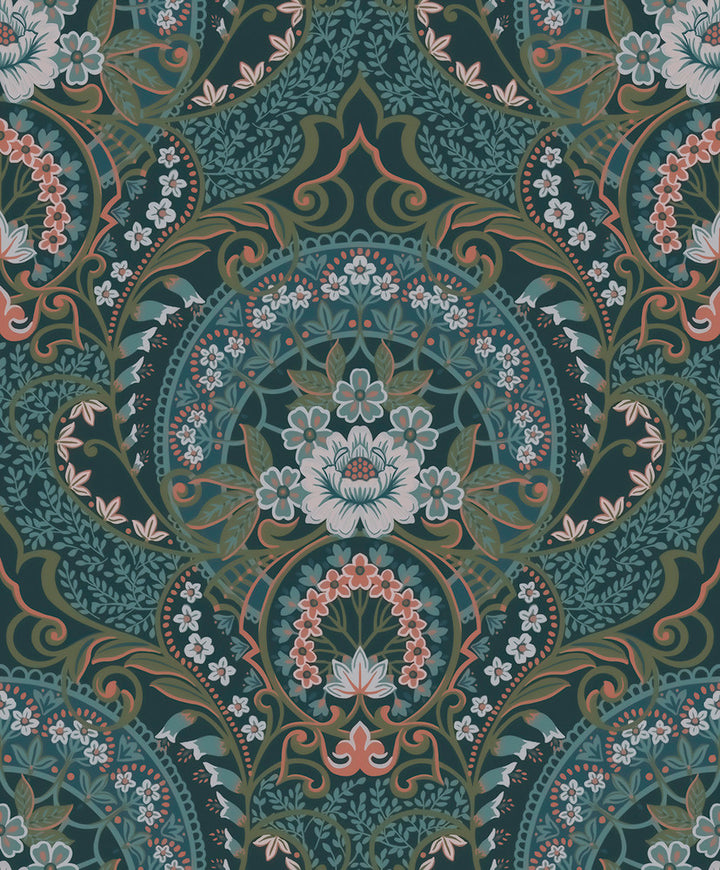 Nasrin Blueberry Damask Wallpaper by Eijffinger Posy Covers about 59.1 square feet 21.5-in by 33-ft long roll Unpasted 25.2 - Fabric Carolina -
