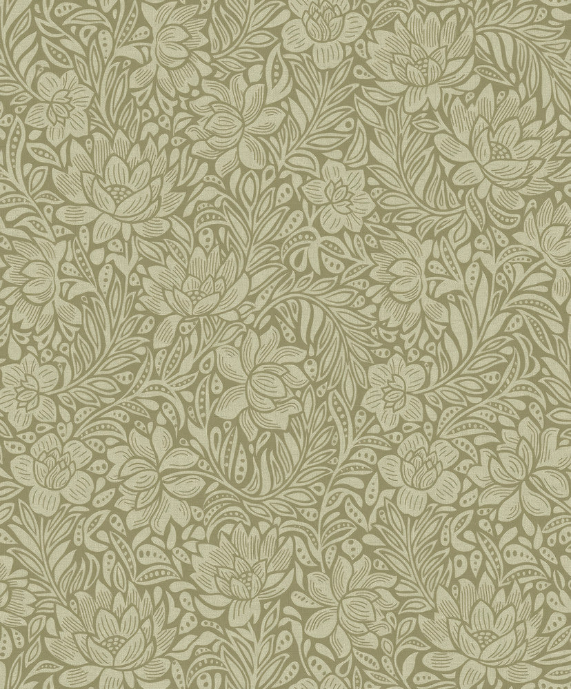 Zahara Olive Floral Wallpaper by Eijffinger Posy Covers about 59.1 square feet 21.5-in by 33-ft long roll Unpasted 25.2 - Fabric Carolina -