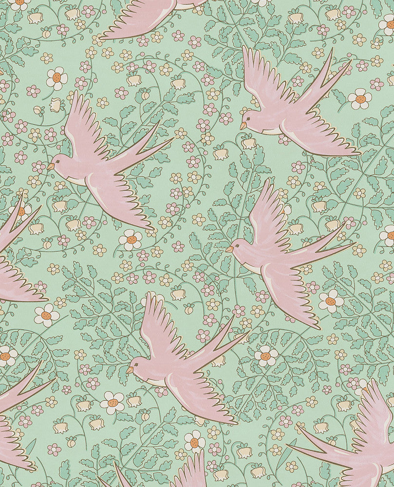 Cerina Mint Swallow Wallpaper by Eijffinger Rice Covers about 56.4 square feet 20.5-in by 33-ft long roll Unpasted 21 - Fabric Carolina -