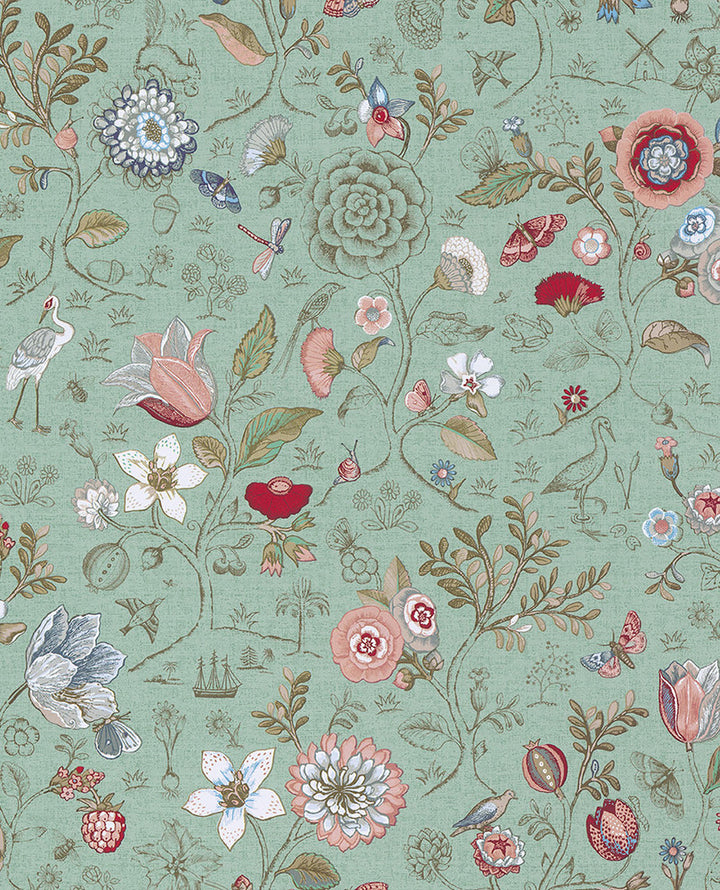 Espen Turquoise Floral Wallpaper by Eijffinger Pip Studio Covers about 56.4 square feet 20.5-in by 33-ft long roll Unpasted 21 - Fabric Carolina -