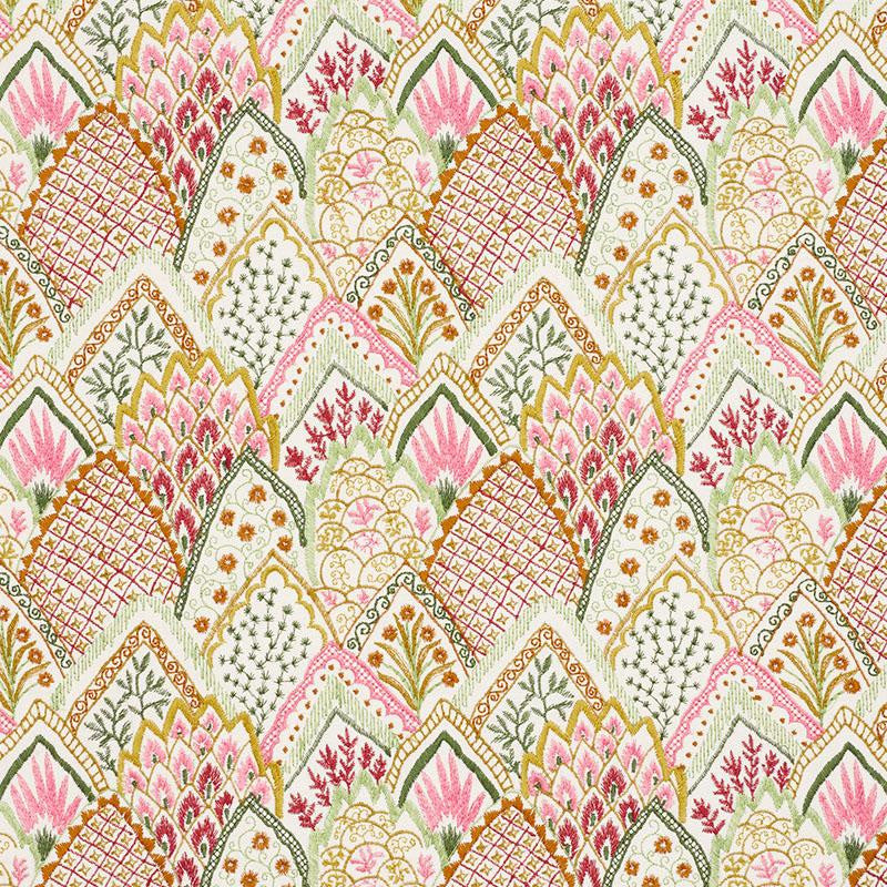 Albizia Embroidery Pink & Leaf 76312 by Schumacher Fabric Palampore 8.62" - Fabric Carolina -