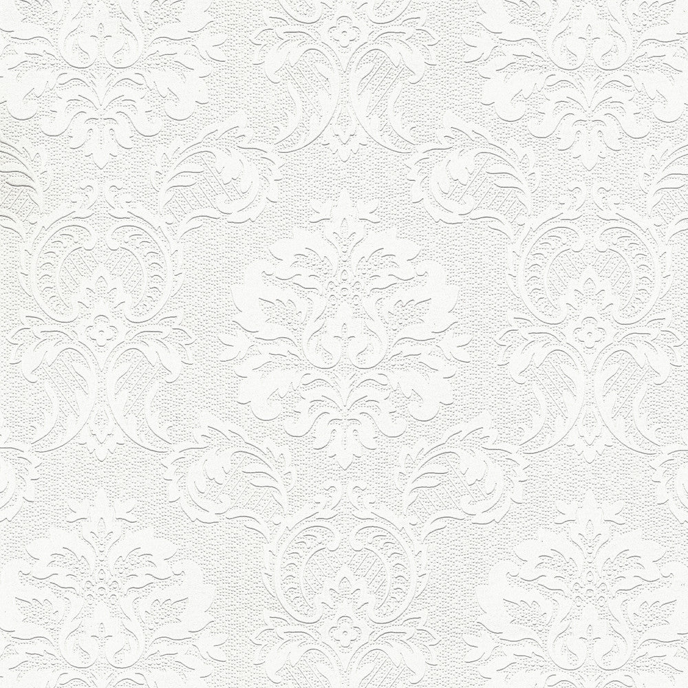 Plouf White Damask Paintable Wallpaper by Brewster PaintWorks Covers about 57.5 square feet 20.9-in by 33-ft long roll Prepasted 12.5 - Fabric Carolina -