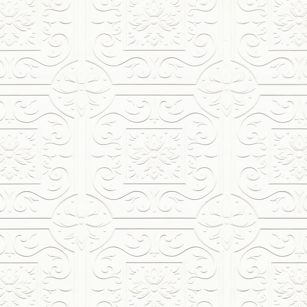 Ibold White Tin Ceiling Scroll Paintable Wallpaper by Brewster PaintWorks Covers about 57.5 square feet 20.9-in by 33-ft long roll Prepasted 6.25 - Fabric Carolina -