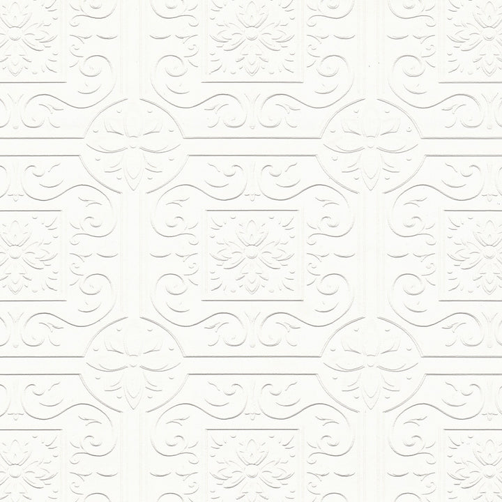 Ibold White Tin Ceiling Scroll Paintable Wallpaper by Brewster PaintWorks Covers about 57.5 square feet 20.9-in by 33-ft long roll Prepasted 6.25 - Fabric Carolina -