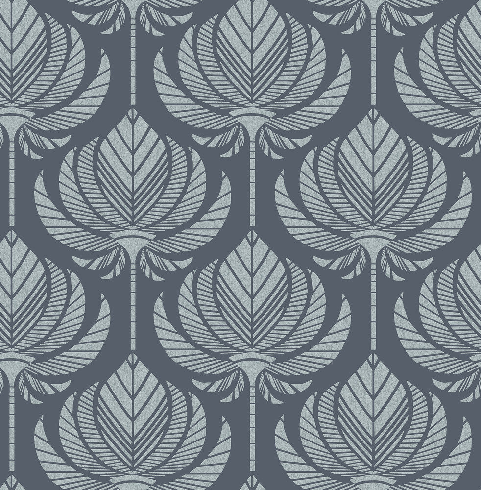Palmier Navy Lotus Fan Wallpaper by A-Street Prints Seychelles Covers about 56.4 square feet 20.5-in by 33-ft long roll Unpasted 10.4 - Fabric Carolina -