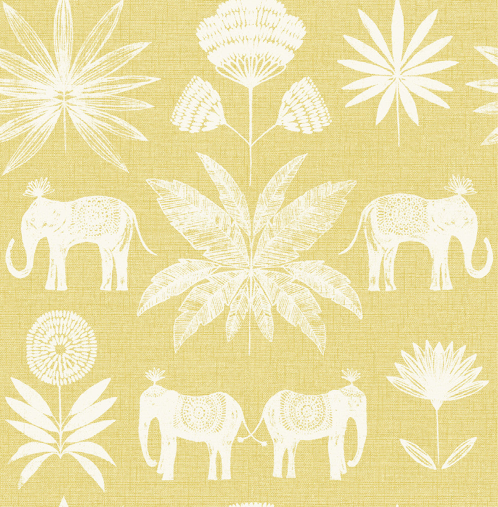 Bazaar Yellow Elephant Oasis Wallpaper by A-Street Prints Seychelles Covers about 56.4 square feet 20.5-in by 33-ft long roll Unpasted 20.9 - Fabric Carolina -