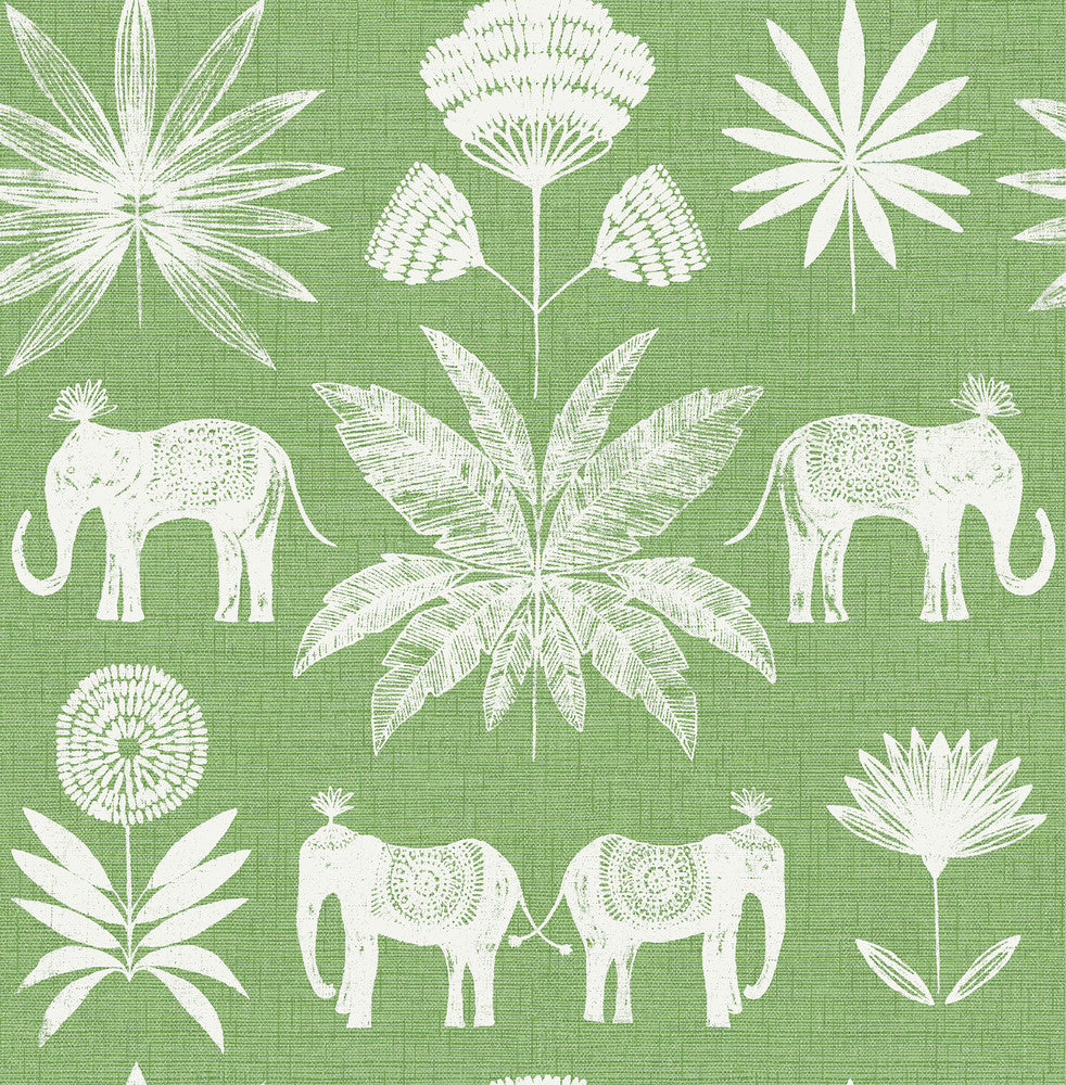 Bazaar Green Elephant Oasis Wallpaper by A-Street Prints Seychelles Covers about 56.4 square feet 20.5-in by 33-ft long roll Unpasted 20.9 - Fabric Carolina -