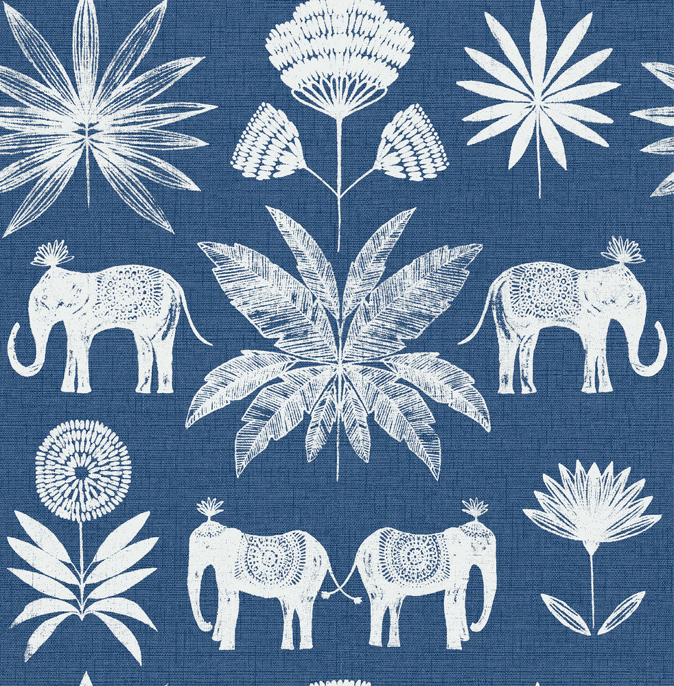 Bazaar Blue Elephant Oasis Wallpaper by A-Street Prints Seychelles Covers about 56.4 square feet 20.5-in by 33-ft long roll Unpasted 20.9 - Fabric Carolina -