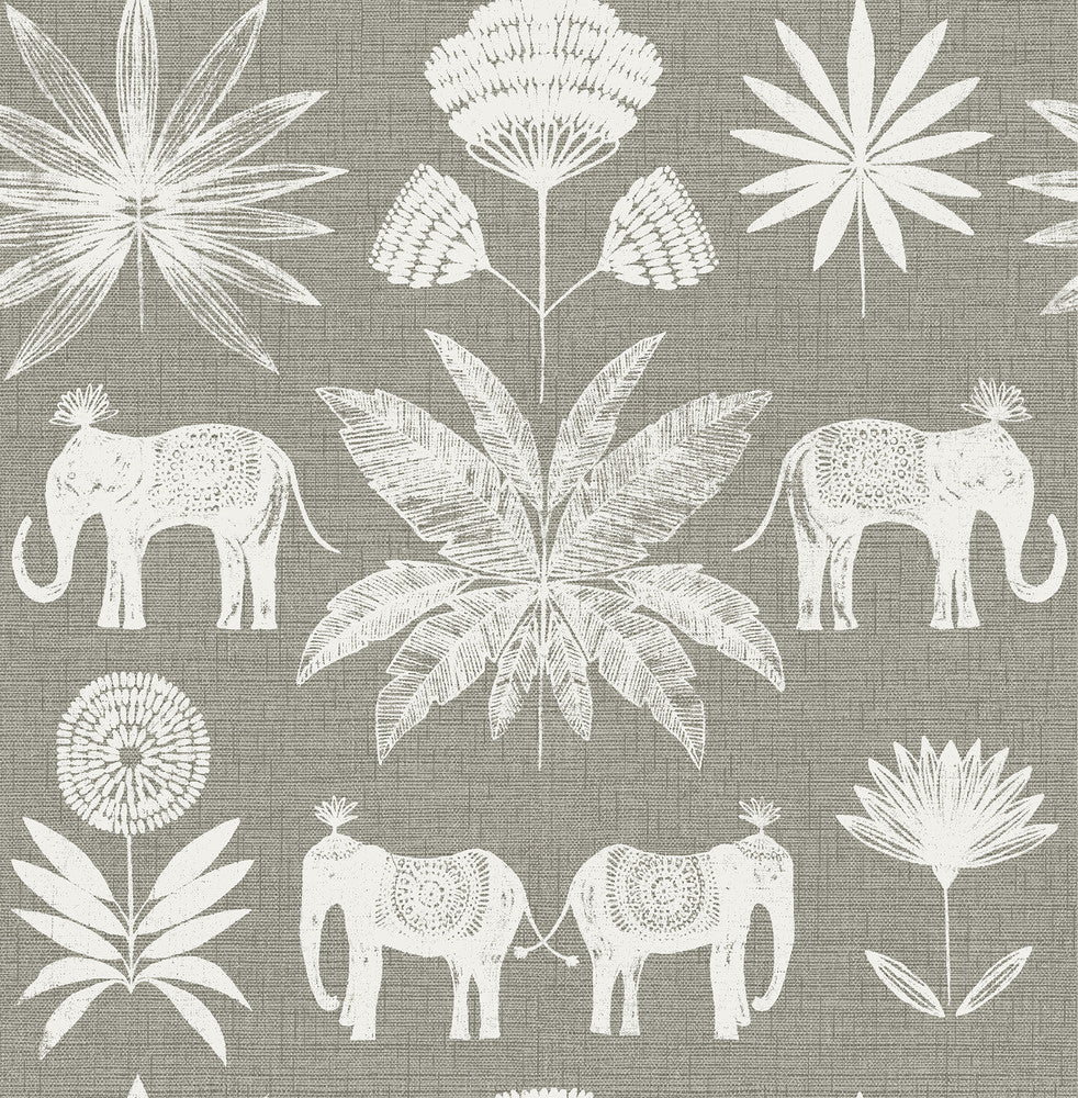 Bazaar Grey Elephant Oasis Wallpaper by A-Street Prints Seychelles Covers about 56.4 square feet 20.5-in by 33-ft long roll Unpasted 20.9 - Fabric Carolina -