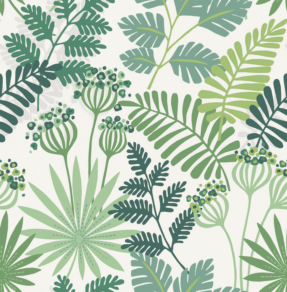 Praslin Green Botanical Wallpaper by A-Street Prints Seychelles Covers about 56.4 square feet 20.5-in by 33-ft long roll Unpasted 20.9 - Fabric Carolina -
