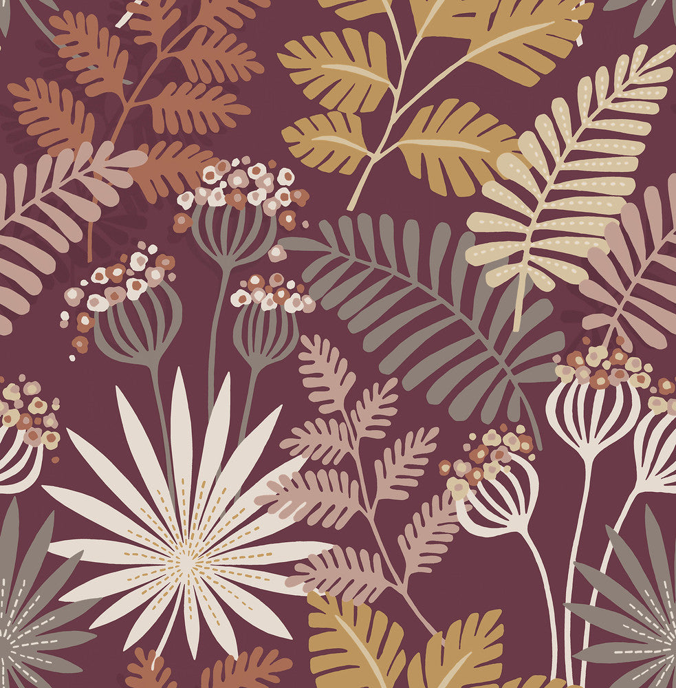 Praslin Merlot Botanical Wallpaper by A-Street Prints Seychelles Covers about 56.4 square feet 20.5-in by 33-ft long roll Unpasted 20.9 - Fabric Carolina -