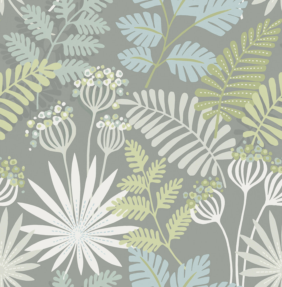 Praslin Grey Botanical Wallpaper by A-Street Prints Seychelles Covers about 56.4 square feet 20.5-in by 33-ft long roll Unpasted 20.9 - Fabric Carolina -