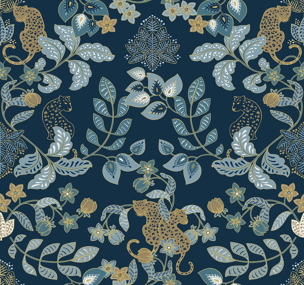Getty Navy Jungle Damask Wallpaper by A-Street Prints Scott Living III Covers about 60.8 square feet 27-in by 27-ft long roll Unpasted 25.25 - Fabric Carolina -