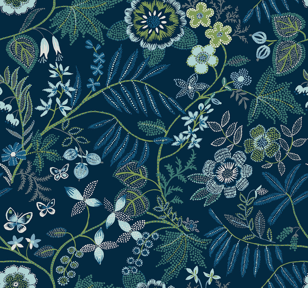 Marilyn Dark Blue Floral Trail Wallpaper by A-Street Prints Scott Living III Covers about 60.8 square feet 27-in by 27-ft long roll Unpasted 25.25 - Fabric Carolina -