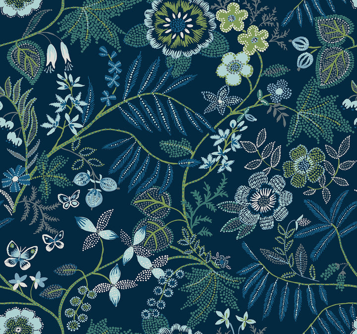 Marilyn Dark Blue Floral Trail Wallpaper by A-Street Prints Scott Living III Covers about 60.8 square feet 27-in by 27-ft long roll Unpasted 25.25 - Fabric Carolina -