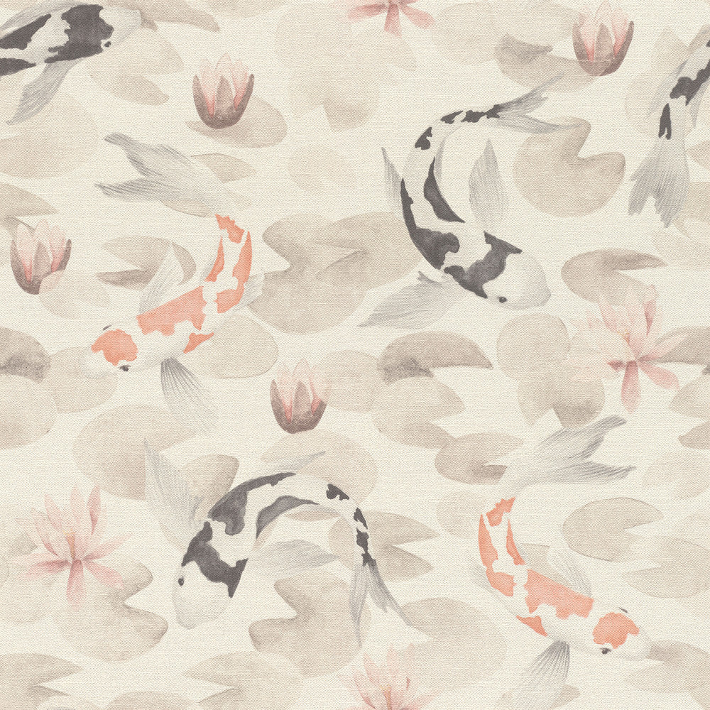 Nobu Beige Koi Fish Wallpaper by Advantage Windsong Covers about 57.5 square feet 20.9-in by 33-ft long roll Unpasted 20.9 - Fabric Carolina -