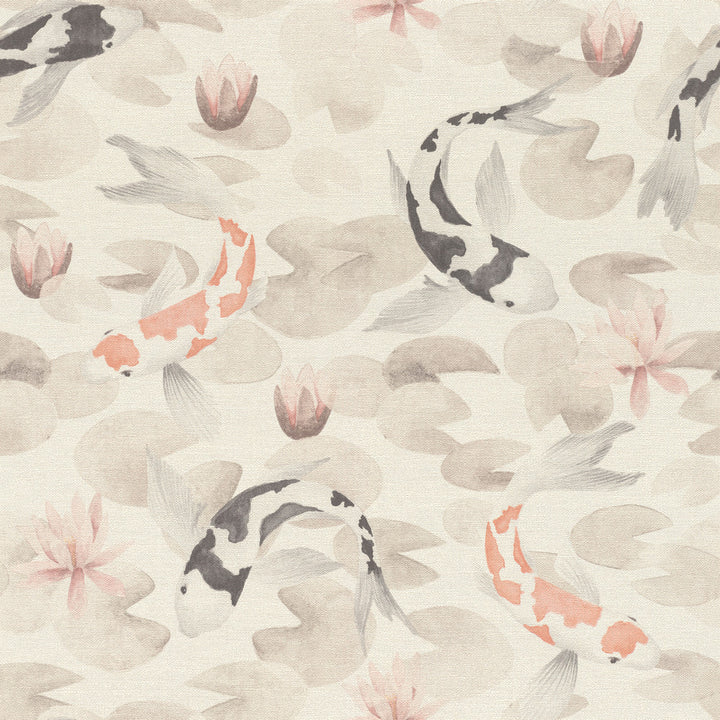 Nobu Beige Koi Fish Wallpaper by Advantage Windsong Covers about 57.5 square feet 20.9-in by 33-ft long roll Unpasted 20.9 - Fabric Carolina -