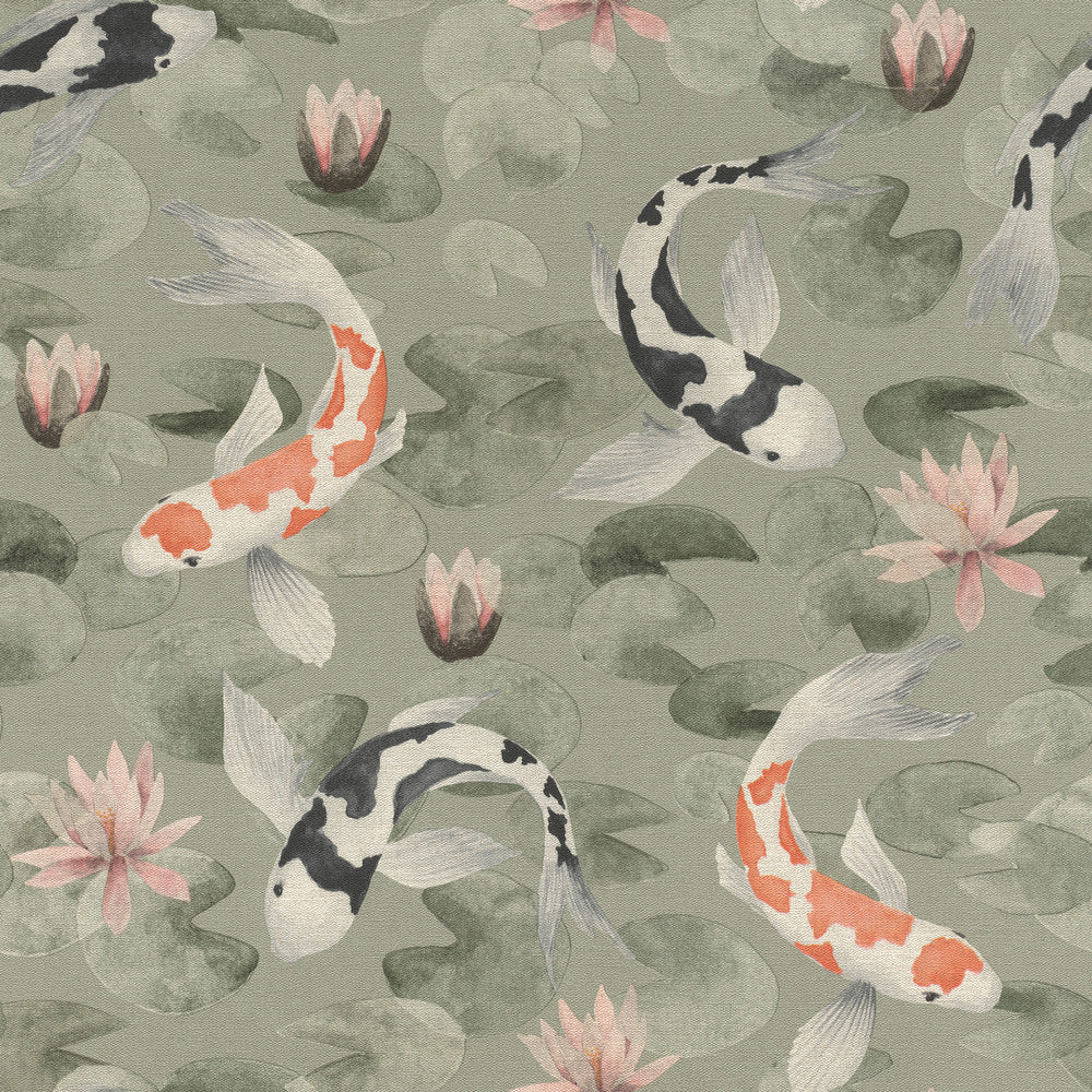 Nobu Green Koi Fish Wallpaper by Advantage Windsong Covers about 57.5 square feet 20.9-in by 33-ft long roll Unpasted 20.9 - Fabric Carolina -