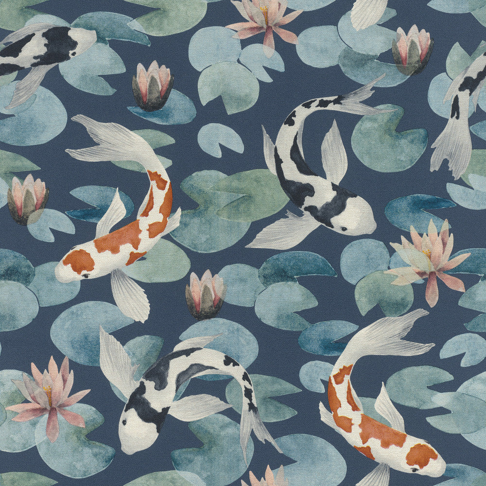 Nobu Blue Koi Fish Wallpaper by Advantage Windsong Covers about 57.5 square feet 20.9-in by 33-ft long roll Unpasted 20.9 - Fabric Carolina -