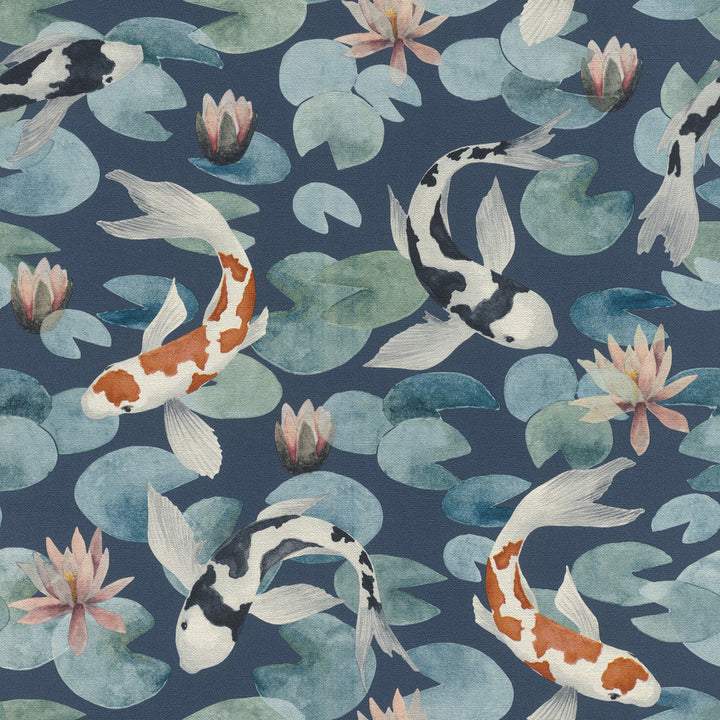 Nobu Blue Koi Fish Wallpaper by Advantage Windsong Covers about 57.5 square feet 20.9-in by 33-ft long roll Unpasted 20.9 - Fabric Carolina -